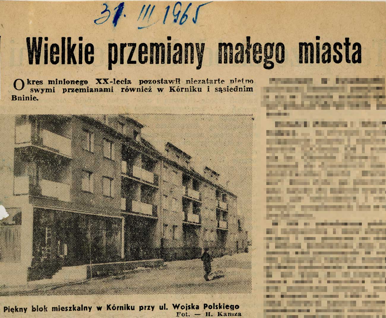 Fragment artykuły z Głosu Wielkopolskiego 1965 dot. Kórnika